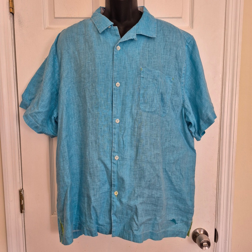 Tommy Bahama Mens XL Blue 100% Linen Short Sleeve Button Down Shirt Tropical
